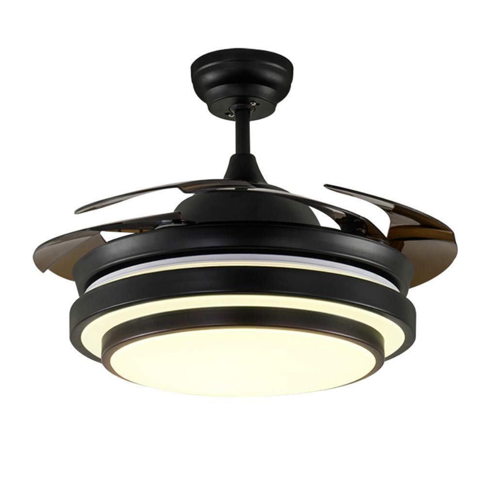 Lighting Groups Modern 42" Invisible Black Ceiling Fan with Lights and Remote 4 Retractable Brown Blades Reversible Fan Chandelier 36W for Indoor Bedroom Livingroom LED Light with Fans (Black-01)