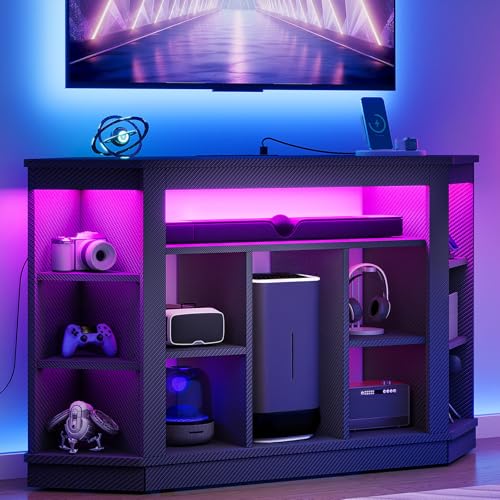 YITAHOME CornerTV Stand for 55 Inch TV, Modern Black TV Stand with Wheels for PS5, LED Gaming Entertainment Center with Power Outlets, Gaming TV Console Cabinet, Black Carbon Fiber with Powe