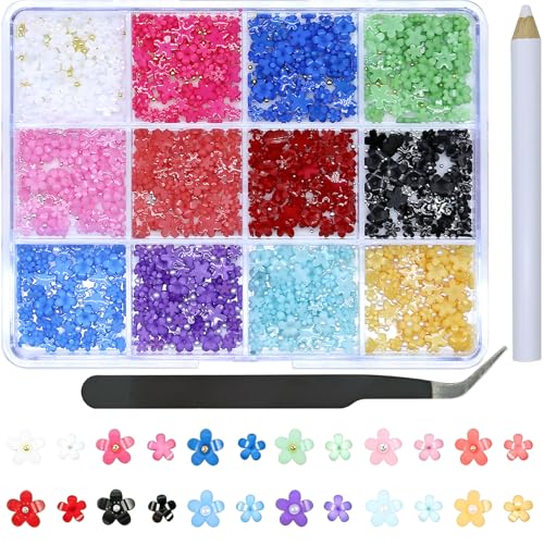 VCEOW Flower Nail Art Charms Colorful 3D Resin Floral Nail Charms with Gold Silver Round Caviar Beads Spring Blossom Petal Accessories for DIY Manicures Crafts Design Jewelry Making