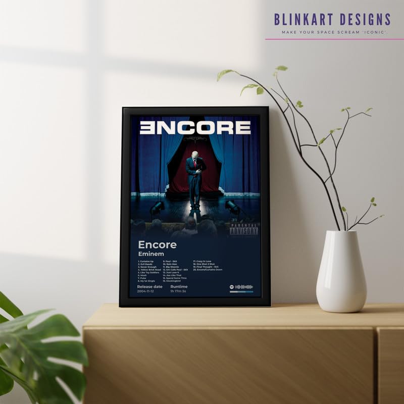 Image of BLINKART Eminem- Encore Wall Photo Frames | Wall Art for Bedroom, Living Room, Studio or Office | Album Cover Print with Spotify Song Link QR Code | Gift for Fans - 8x12 In