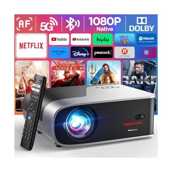 [Netflix Officially/Auto Focus] Smart Projector with 5G WiFi and Bluetooth, DBPOWER Native 1080p Projector Built-in Netflix, Youtube, Hulu, Disney+, Peacock Apps, 500ANSI Movie Projector Dolby