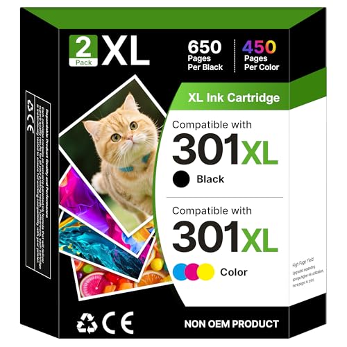 Gureef 301 Ink Cartridges XL Combo Pack Remanufactured for HP 301XL Ink Cartridges Black and Colour HP 301 XL for Envy 4500 5530 5532 4507 4502 DeskJet 2540 2544 OfficeJet 4630 Printer Ink2-Pack
