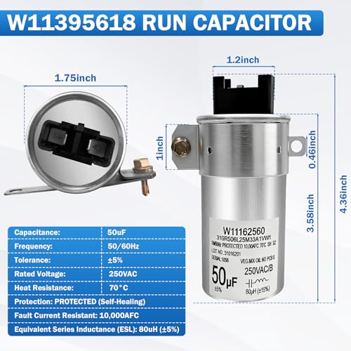 Image of Upgrade W11395618 W11162560 W10625046 Washer Motor Run Capacitor 50uF 250VAC 50 /60Hz 10000AFC Compatible With Whirlpool Washer Capacitor Replace W10390446 W10866250 W10843769 WPW10625046 W11315694
