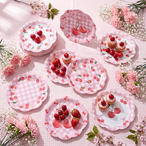 Image of Funnymoom 60 Pcs 7 Inch Cherry Bow Paper Plate Pink Cherries Birthday Decoration She's The Cherry on Top Party Supplies Disposable Scalloped Gingham Dessert Cake Plate for Fruit Baby Shower Party