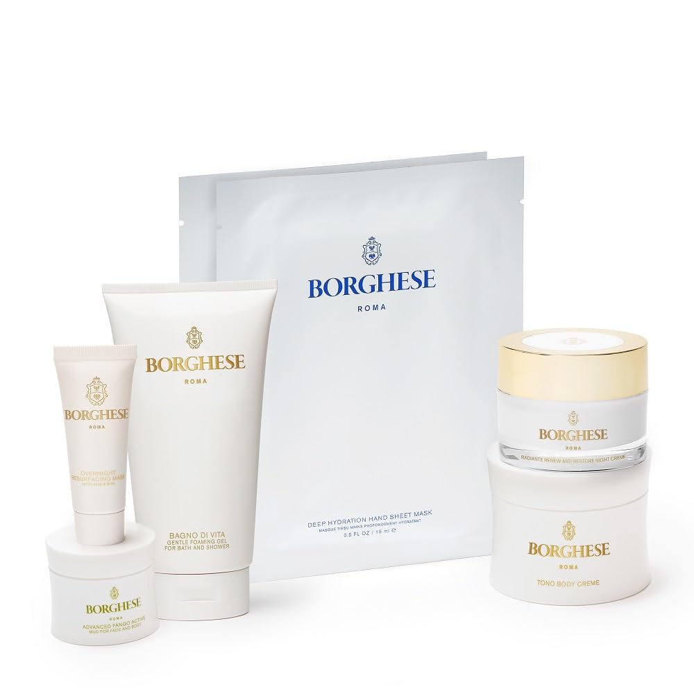 Borghese 7-Piece Skin Perfecting Gift Set - Includes Mud Mask, AHA BHA Overnight Mask, Night Face Cream, Hand Sheet Masks, Shower Gel, & Body Cream