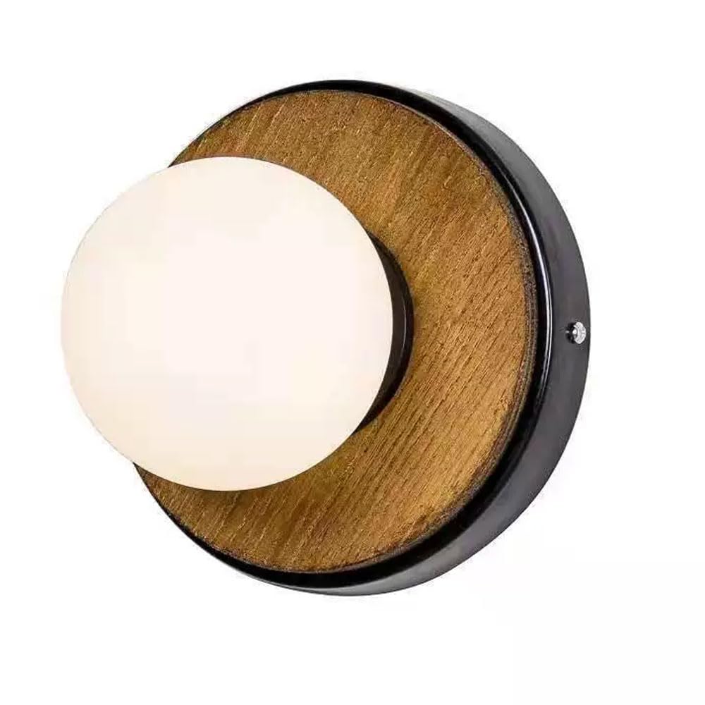 HXYSXHJUO Modern Industrial Style Single-Head Wall Light, Personalized Round Lamp, G9 Screw Wood Glass Sconce, Bedside Entrance Hallway Decorative Lighting Fixtures