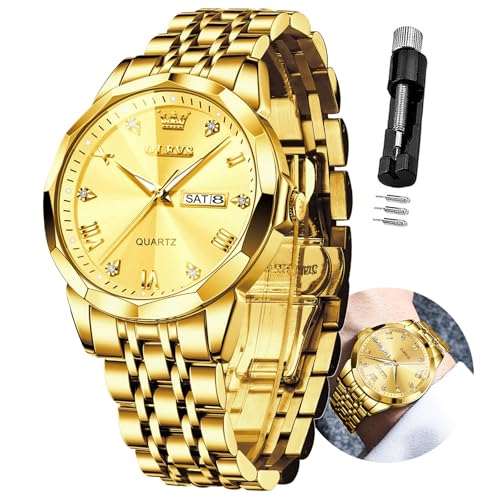 OLEVS Mens Gold Watch Luxury Classic Dress Watches for Men Big Face Fancy Stainless Steel Waterproof Men's Wrist Watches Quartz Analog Luminous Male Watch with Dual Calendar Relojes para Hombres