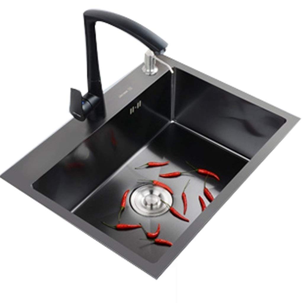 ZQFHSX Kitchen Sinks Fixtures Square 304 Stainless Steel Sink Single Basin Household For Under Counter And Embedded Installation With Faucet (Color : Black, Size 53 * 43 21cm)