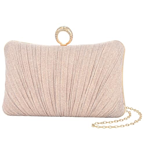 Image of Womens Golden Glitter Clutch Purse Pleated Evening Bag for Bridal Wedding Party with Rhinestone Ring
