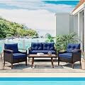 Outdoor Conversation Sofa Set - 4-Piece Patio Rattan Wicker Sofa Set with Coffee Table, Adjustable Feet, Cushions and Pillows, Seating Furniture Set for Backyard, Poolside, Deck, Porch, Brown and Blue