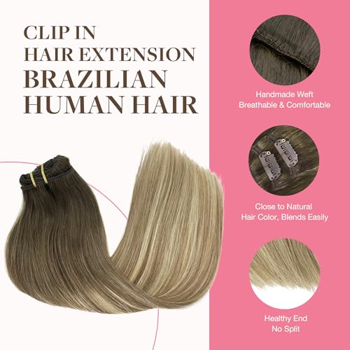 Image of GOO GOO Clip in Hair Extensions Real Human Hair, Remy Human Hair Extensions Clip ins for Women, Natural Human Hair, 18inch 150g 9Pcs, 3 /8 /613 Balayage Walnut Brown to Ash Brown and Bleach Blonde