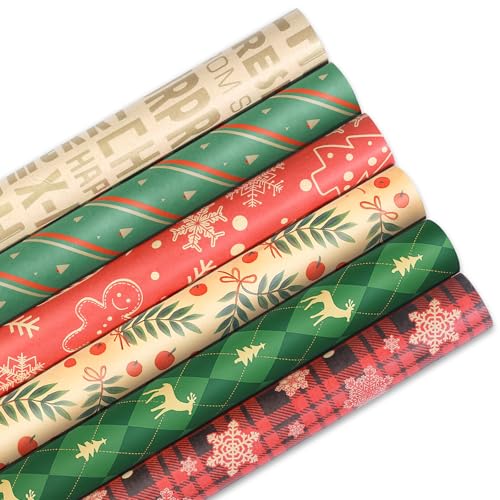 Flow fire 6 Rolle Geschenkpapier Weihnachten, 43cm x 3m Kraftpapier Weihnachtspapier Geschenkpapier Für Geschenkboxen Weihnachtsdekoration (Mit Schnittlinien)