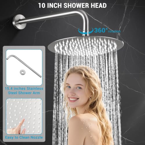 Juego de grifería para ducha lluvia de 10 pulgadas con salida para bañera, acabado niquel cepillado | Cartucho antiscald, tecnología Air Tech que aumenta la presión un 50 %, divisor de 3 funciones, conexión NPT 1/2" miniatura 4