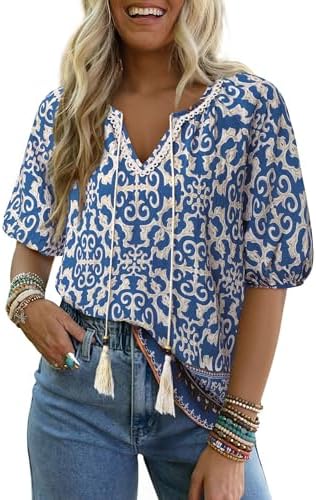 Vivilli Beach Vacation Clothes for Women, Womens Spring Summer Short Sleeve Boho Tops Casual Peasant Blouses Flowy Floral Cute V Neck Loose Fit Trendy 2025 Plus Size Cotton Linen Tops Retro Blue XXL