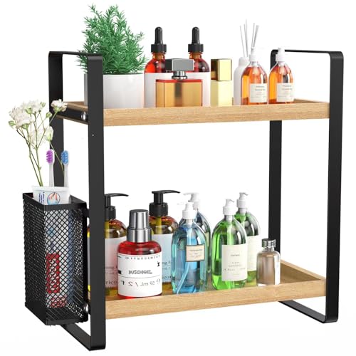 LEMIKKLE 2-Tier Wood Bathroom Counter Organizer with Basket,Waterproof Vanity Skincare Storage for Bathroom, Kitchen, Dresser