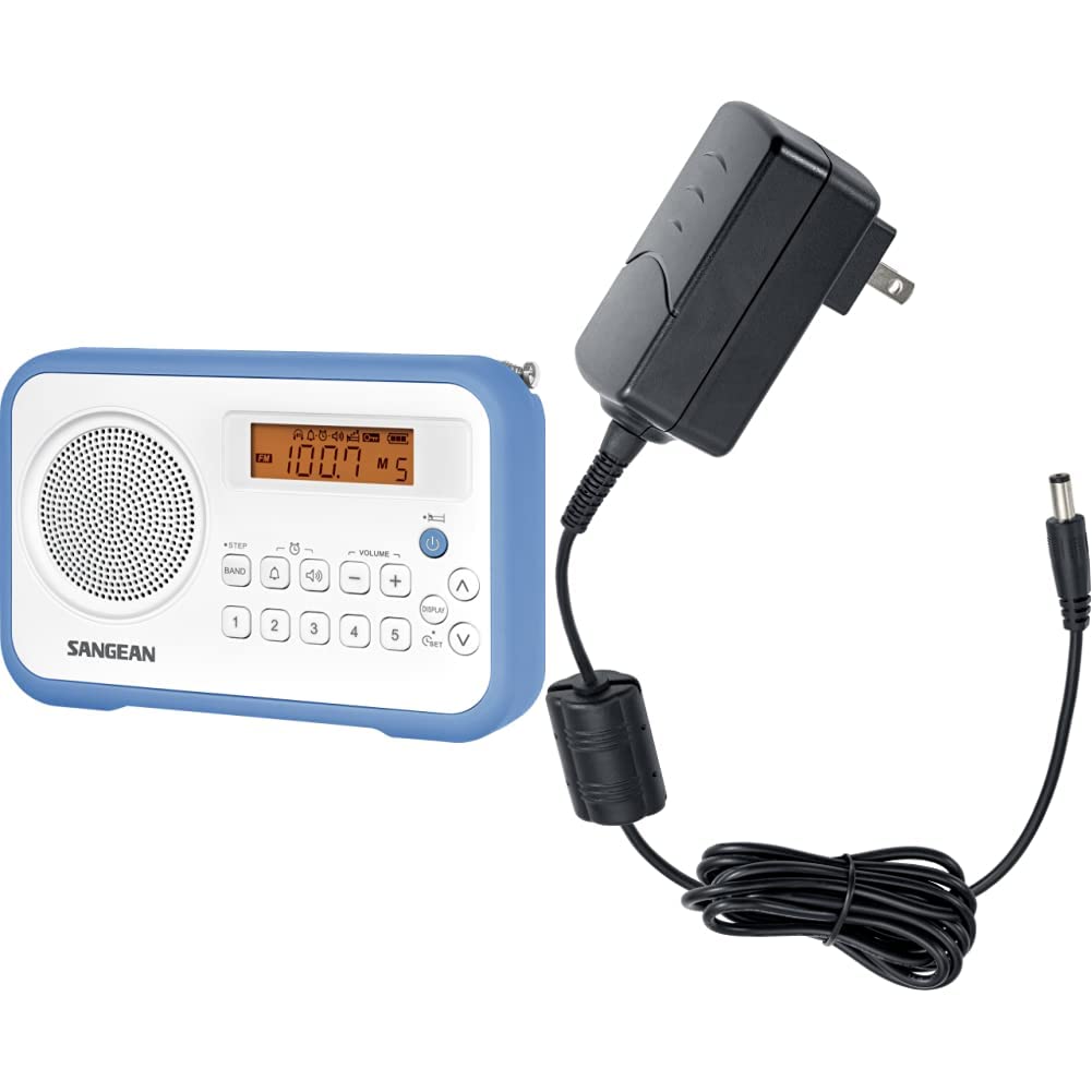 Sangean PR-D18BU AM/FM/Portable Digital Radio with Protective Bumper (White/Blue) & ADP-PRD18 Switching Power AC Adapter for Models PR-D18, PR-D4W, SG-104 and CL-100 (Black)