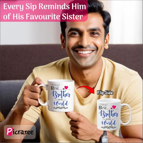 Image of PICRAZEE Raksha Bandhan Gift for Brother - Rakhi, 12 inch Cushion with Filler, Mug, Table Standy, Roli-Chawal Bottles, Keyring, Fridge Magnet & Greeting Card (Best Brother)