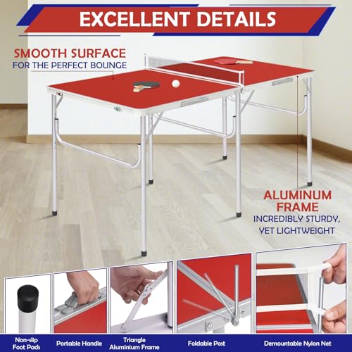 REAHOISY Mid-Size Portable Ping Pong Table, Compact Foldable Table Tennis Table Set w/Net, 2 Paddles & 2 Balls for Indoor Outdoor, Small Spaces and Apartments, Thickened Aluminum Frame (Red)