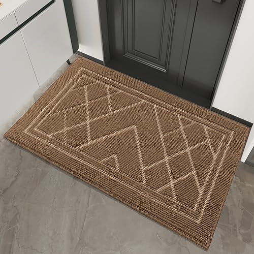 Outdoor Front Door Mat, Non-Slip Absorbent Resist Dirt Entrance Doormat, Washable Low-Profile Inside Entry Mat for Entryway, 45X80cm, Brown