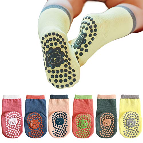 Baby Boys Girls Non Slip Socks 6 Pairs Anti Skid Grips Animal Knee High Stocking with Cotton Cushion for Newborn Infants Toddler Kids 0-5T