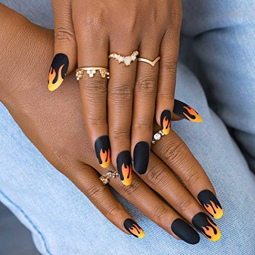 Urieo Matte Press on Nails Black Oval Long Fake Nails Flame Artificial Acrylic Full Cover False Nails for Women and Girls (24 pcs)