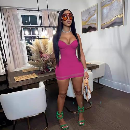 Image of Sexy Bodycon Mini Dress for Women Sweetheart Neck Spaghetti Strap Mesh Hem Party Club Night Out Short Dresses
