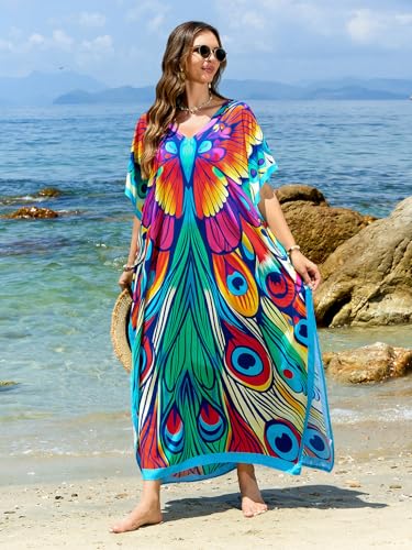 Image of sunforyou Kaftan Dresses for Women Plus Size Lightweight Swimsuit Cover up Batwing Sleeve Print Loungewear Beach Robe