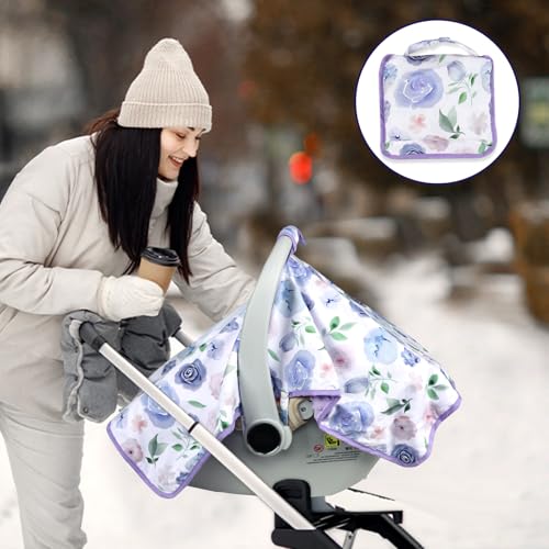 Image of Baby Carseat Seat Cover Girls, Winter Carseat Canopy, Cozy & Warm Cover with Zipper Peep Windows, Infant Minky Carrier Cover, Soft Breathable, Baby Must Have, Purple Romantic