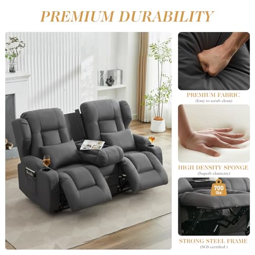Image of Loveseat Recliner Sofa,RV Wall Hugger Recliners for Small Spaces,Reclining Loveseat Sofa Recliner with Cup Holders /Lumbar Pillows,RV Furniture (Dark Gray, Loveseat with Flip-up Console)