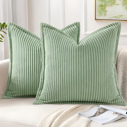 Mecatny Corduroy Throw Pillow Covers 18x18 Set of 2, Neutral Decorative Soft Boho Couch Pillow Covers with Broadside for Sofa Living Room, Sage Green