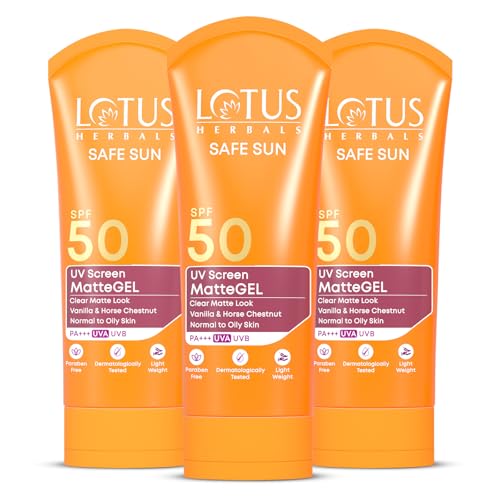 Image of Lotus Herbals Safe Sun UV Screen Matte Gel Sunscreen SPF 50 PA+++ | In Vivo Tested | Broad Spectrum UV Protection | Matte Finish | No White Cast | Normal to Oily Skin | For Women and Men | Paraben & Cruelty Free | 100g (Pack of 3)