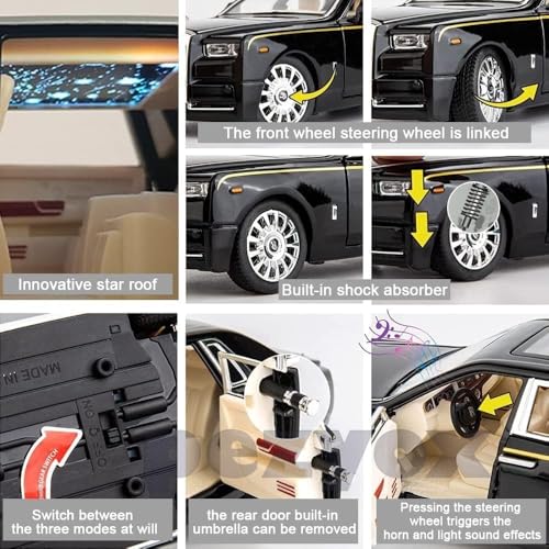 Image of 1 /24 Rolls-Royce Phantom Model Car,Zinc Alloy Pull Back Toy Diecast Toy Cars with Sound and Light for Kids Boy Girl Gift (Black)