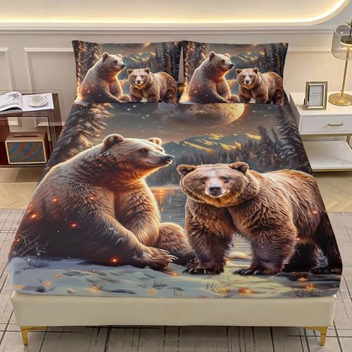AILONEN Boys Rustic Bear Bedding Set Twin XL Size,Starry Brown Bear Fitted Sheet with 2 Pillowcases,3 Pieces Snow Animal Soft Sheet Set