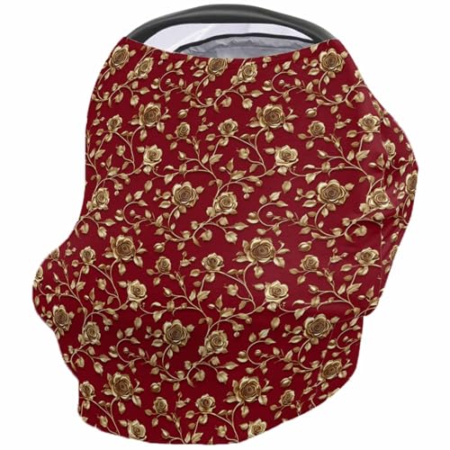 Nursing Cover for Breastfeeding Scarf, Merry Christmas Golden Rose Flower Floral Baby Car Covers Super Soft Multi Use for Canopy Shopping Cart Cover Blanket Stroller Cover