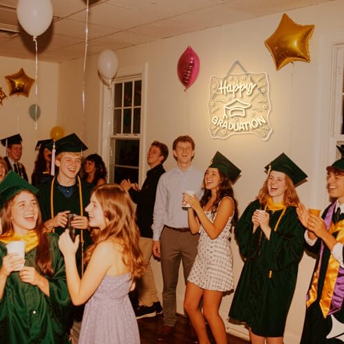 Image of WLHOPE Happy Graduation Neon Sign Led Signs for Graduation Ceremony Wall Decor, Neon Lights Transparent Acrylic Board Sign for Classroom Dorm School Bedroom Decoration Gifts for Teens