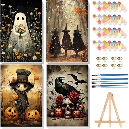 4 Pack Paint by Numbers Kit for Adults - Wooden Easel Halloween Paint by Numbers with Frame Halloween Adult Painting by Number Kits on Canvas Easy Oil Painting Arts Gift Wall Decor 8x12inch
