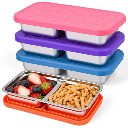 monoan 4 Pack Stainless Steel Snack Containers, Leak-Proof 2 Compartment Lunch Boxes with Silicone Lids, Reusable Metal Snack Box for Meal Prep, Travel, Outdoor & Daily Use (2 Compartments – B)