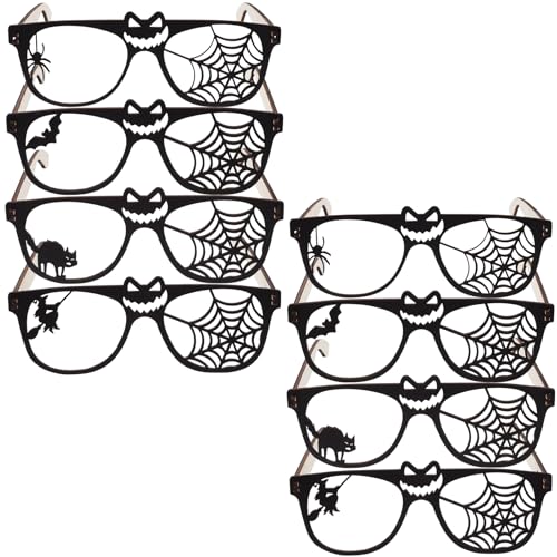 LUOZZY 8Pcs Halloween Glasses Halloween Funny Eyeglasses Wooden Pumpkin Bat Witch Spider Eyewear Cosplay Photo Props for Halloween Carnival Party Supplies
