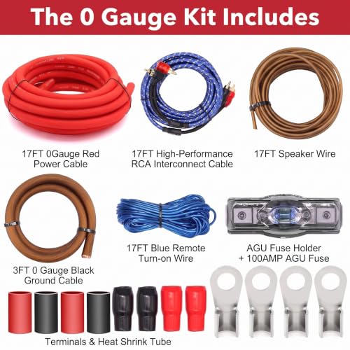 Image of 0 Gauge Amplifier Wiring Kit 3000W,Complete Car Audio Install kit with 17FT 0 AWG CCA Power Cable,RCA Cable & Speaker Wire,100A Fuse Holder,OFC Ground | for Subwoofer Amp Installation