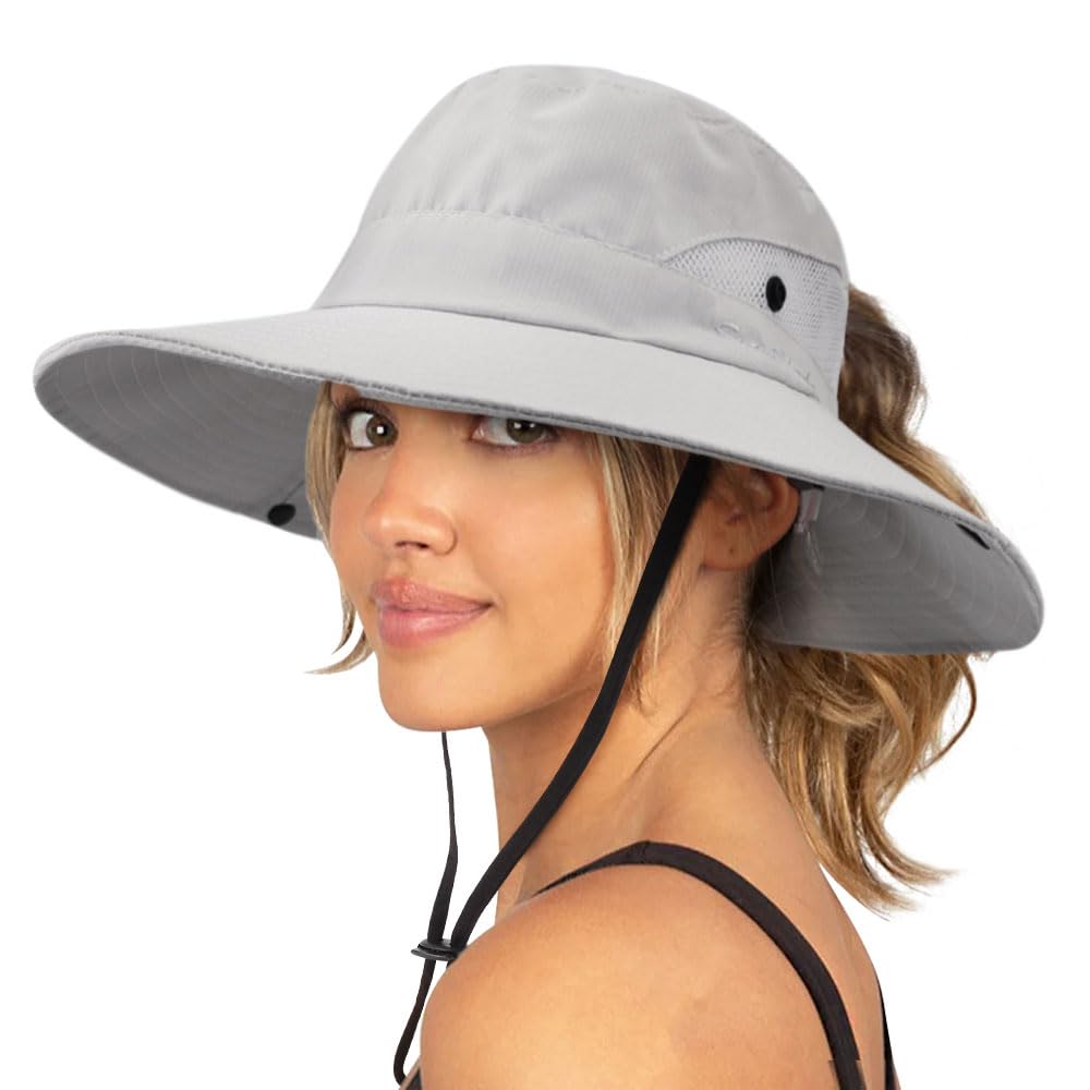 DRESHOW Women Sun Hat Outdoor UV Protection Hat Foldable Mesh Wide Brim Fishing Ponytail Beach Bucket Hats