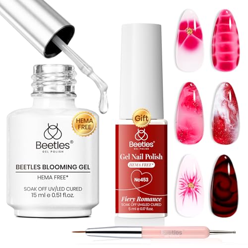 Image of Beetles Blooming Gel Nail Polish Kit - Hema Free Clear Blooming Gel with Red Nail Polish & Nail Art Brush, Soak Off UV /LED for Aura Nails Flower Marble Watercolor Designs DIY Gift Set
