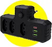 Extensão Tomada Régua Elétrica 3 Tomadas, 2 entradas USB, 1 Porta USB Tipo-C, Adaptador T Benjamin, Suporte a Tensão de 110-220V Filtro de Linha Bivolt Potência de 2500W (Preto)