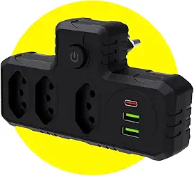 Extensão Tomada Régua Elétrica 3 Tomadas, 2 entradas USB, 1 Porta USB Tipo-C, Adaptador T Benjamin, Suporte a Tensão de 110-220V Filtro de Linha Bivolt Potência de 2500W (Preto)