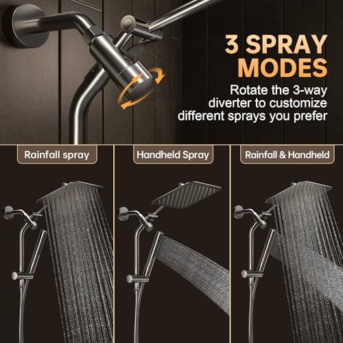 Image of Veken Brushed Nickel Shower Head, 10'' All Metal Rain Shower Heads with Handheld Spray Combo, Hand Held Bathroom Combo with Extension Arm, Dual shower with Power Wash, Adjustable Rainfall Showerhead