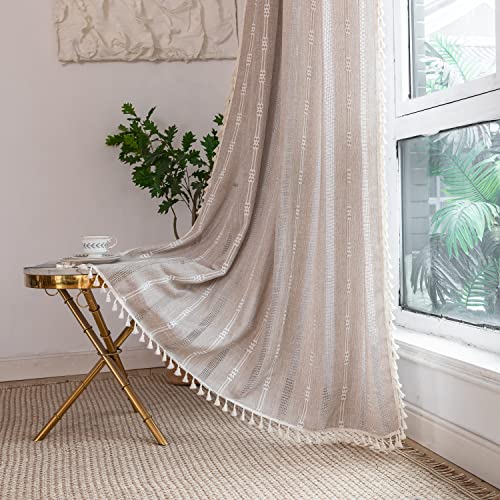 Linen Curtains 84 Inches Long - Embroidery Striped Farmhouse for Living Room, Tassel Boho for Bedroom, Light Filtering 2 Panels Set Rod Pocket Drapes (52' W x 84' L, Khaki)