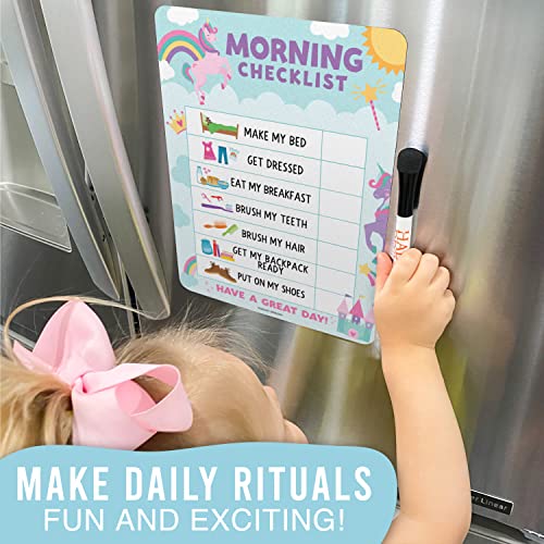 Image of Magnetic Morning & Bedtime Routine Chart for Kids - Customizable Toddler Daily Schedule Board with Dry Erase Surface, Stickers & Marker, Build Habits with Visual Checklists, Unicorn Theme
