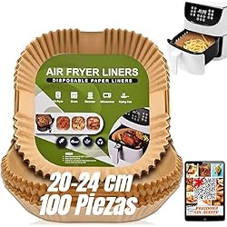 100 Pcs Papel Freidora de Aire,Accesorios Air Fryer,Papel Horno Freidora sin Aceite.Gratis Libro de Recetas Digital.Moldes para Freidora de aire.Antiadherente y Desechable.Hasta 8l.Cosori,Cecotec.