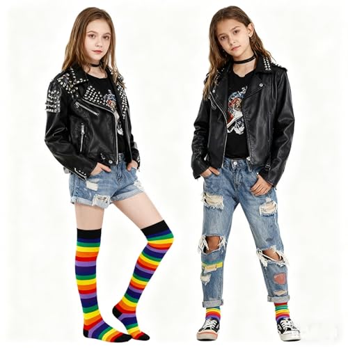 Image of YELAIVP Over Knee Rainbow Thigh High Socks Gloves Set Cosplay Accessories Arm Leg Warmers for Girls