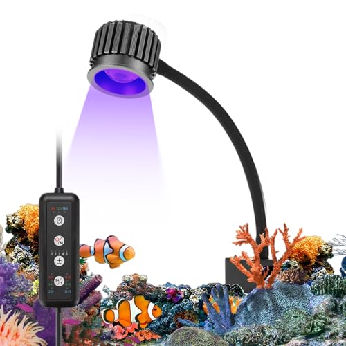 Lampada a morsetto a LED con illuminazione 24/7, 8 W, illuminazione a LED per acquario, con 5 livelli di luminosità e 3 timer, durata per acquari marini e bacini di corallo