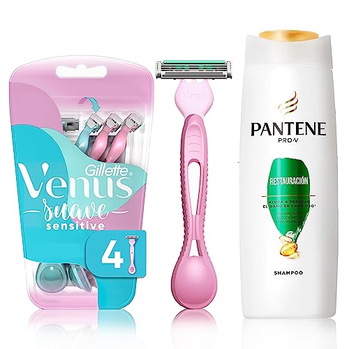 Depiladoras, Drugstore GILLETTE Venus Suave Sensitive, Kit de Depilación Corporal, 4 Rastrillos Venus Desechables con 3 Hojas para Depilar al Ras Piel Sensible + Shampoo